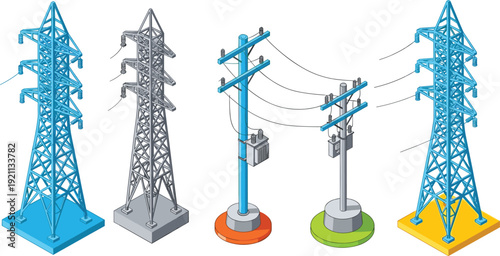 Set of isometric high voltage power transmission towers, electrical pylons, and utility poles illustration,