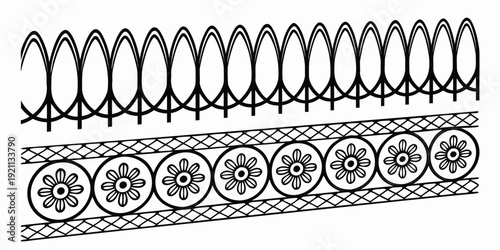 Gemini said

Vintage black metal ornament set featuring seamless vector patterns for wrought iron fence, gate, and railing designs with floral lace borders and steel frame art elements