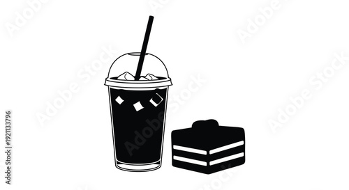 A minimalist depiction of a cold beverage in a plastic cup with a straw and a layered dessert silhouette