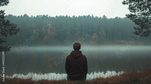 Man sits lakeside, gazing at a misty forest. Serene autumnal scene