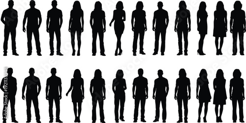 Large collection of diverse young people silhouettes standing in two rows featuring men and women in casual summer clothing and professional attire.