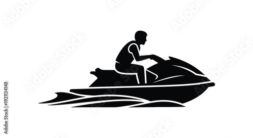 A dynamic black silhouette depicts a person riding a jet ski across the water showcasing speed and recreation silhouette