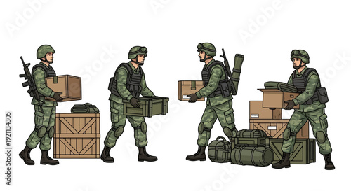 Illustration of soldiers in green uniforms carrying boxes and equipment against a clean white background.