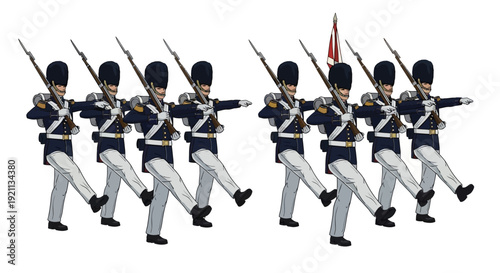 Illustration of soldiers in military uniforms marching with rifles and one with a flag in a dynamic formation against a plain white background.