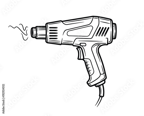 Illustration of a heat gun with a sturdy handle and a nozzle emitting squiggly lines indicating heat. Clean lines create a technical vibe.