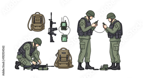 Illustration of soldiers in green uniforms with military gear, including backpacks and weapons, engaged in various activities on a white background with a focus on defense and national