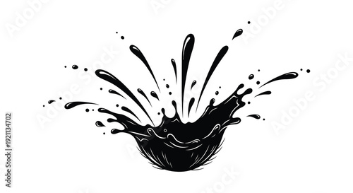 A dynamic black ink splash forming an abstract shape with radiating droplets and a bold silhouette high quality