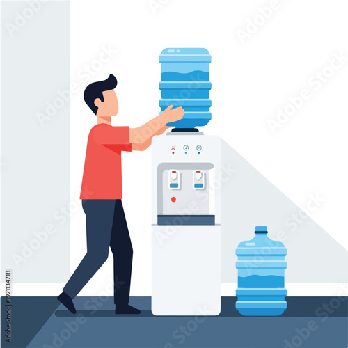 Flat vector illustration of a man replacing a large blue water gallon on top of a water dispenser., Minimalist design, clean background, soft gradient shading, modern flat style