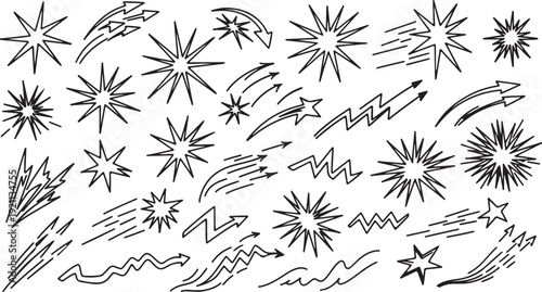 Hand drawn starbursts and shooting stars in whimsical illustration style with bold black lines on white background for graphic design