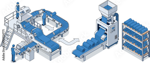 Automated industrial textile factory production line with workers conveyor belts and blue fabric rolls