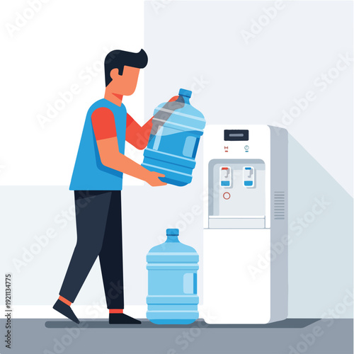 Flat vector illustration of a man replacing a large blue water gallon on top of a water dispenser., Minimalist design, clean background, soft gradient shading, modern flat style