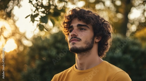 Young man with curly hair, thoughtful expression, outdoors in soft sunlight