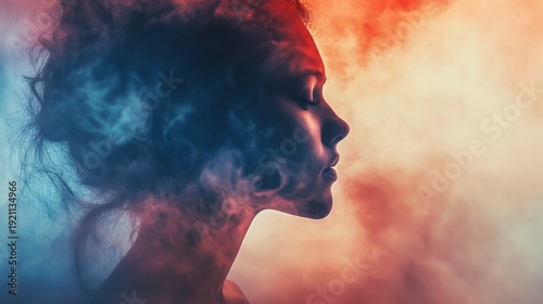 Woman's profile, partially obscured by colorful smoke