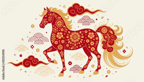 chinese new year year of the horse decorative illustration with intricate floral patterns golden clouds and traditional ornaments on cream background