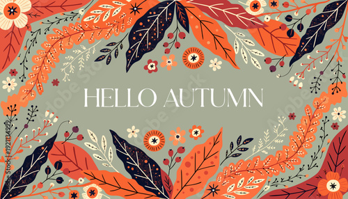 hello autumn seasonal greeting banner with colorful falling leaves flowers and botanical branches decorative frame on sage green background for fall design