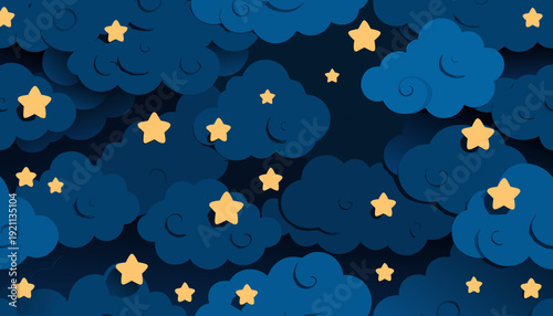 cute paper cut night sky seamless pattern with golden stars and layered dark blue clouds for children nursery and dreamy background design
