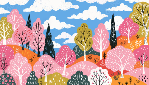 colorful whimsical autumn forest landscape illustration with diverse trees rolling hills and blue sky for children and nature themed design