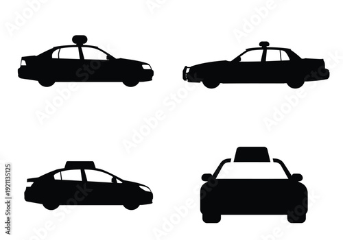 Public transportation taxi and police patrol car silhouettes for urban city service icons