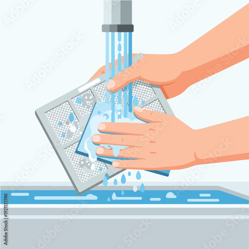 Flat vector illustration of hands washing a dirty air conditioner filter under running water from a faucet. Close-up view, water splashing, simple modern style, soft blue and gray tones