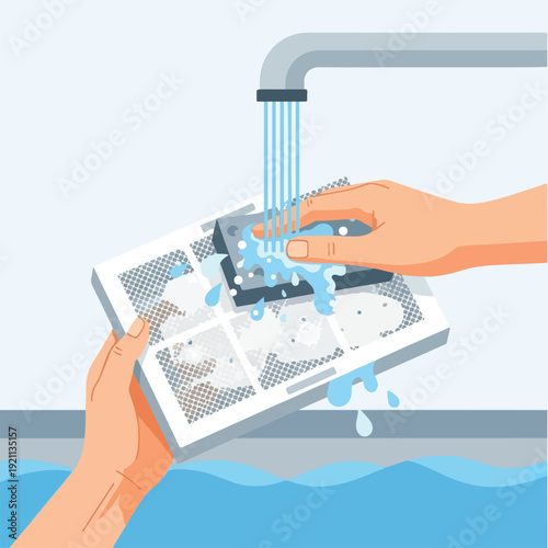 Flat vector illustration of hands washing a dirty air conditioner filter under running water from a faucet. Close-up view, water splashing, simple modern style, soft blue and gray tones