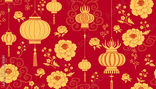 chinese new year seamless pattern with golden lanterns peony flowers and traditional ornaments on red background for festive decoration