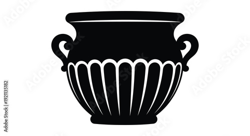 A striking black silhouette depicts an ornate classical vase with detailed handles and ribbed texture silhouette high quality