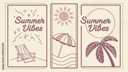 elegant monochromatic retro summer vibes vertical poster set with line art beach chair umbrella and palm tree in burgundy and cream for social media template