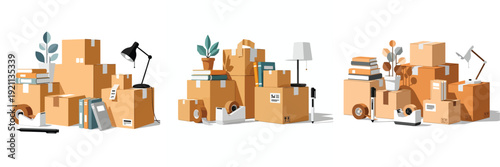 Flat vector illustration set of stacked cardboard moving boxes with office items, books, folders, tape dispenser, desk lamp, and plant. Minimalist modern style, soft neutral colors, clean shapes