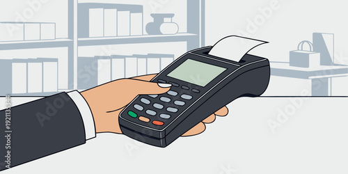 businessman hand holding pos payment terminal machine with receipt in flat vector illustration for retail banking and fintech concept