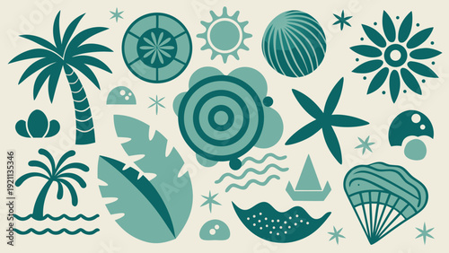 modern minimalist flat tropical beach and coastal summer icon collection in teal green silhouette style for travel and resort branding