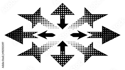 halftone dot arrow pointing directions symbol set black vector illustration design