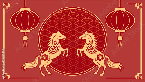 chinese new year horse zodiac red gold lantern banner vector design
