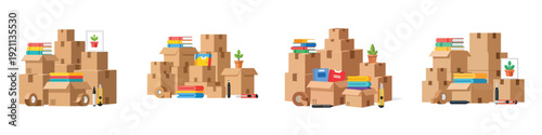 Flat vector illustration set of stacked cardboard moving boxes with office items, books, folders, tape dispenser, desk lamp, and plant. Minimalist modern style, soft neutral colors, clean shapes