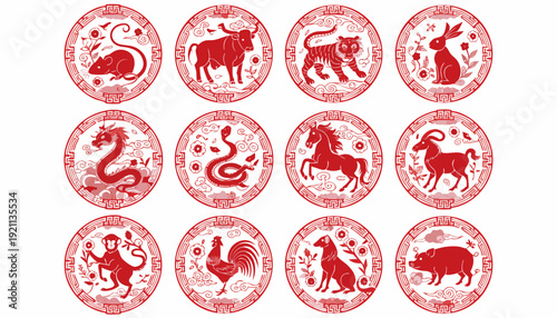 chinese zodiac twelve animals red paper cut stamp seal vector illustration set and isola