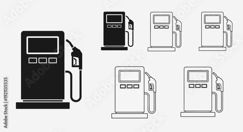 Gas station fuel pump icon set featuring multiple petrol dispenser variations.