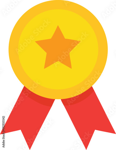 A golden award medal with a five pointed star and red ribbon