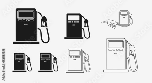 Gas station fuel pump icon set featuring multiple petrol dispenser variations.