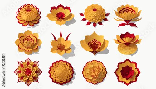 decorative golden red mandala flower icon set vector illustration design