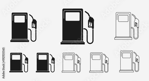 Gas station fuel pump icon set featuring multiple petrol dispenser variations.