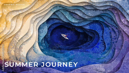 summer journey dramatic layered paper cut aerial ocean landscape with sailboat gradient purple blue and beige tones flat vector illustration for travel campaign luxury resort and editorial graphic des