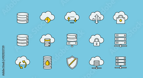 Cloud Storage Icons Set on Blue Background.