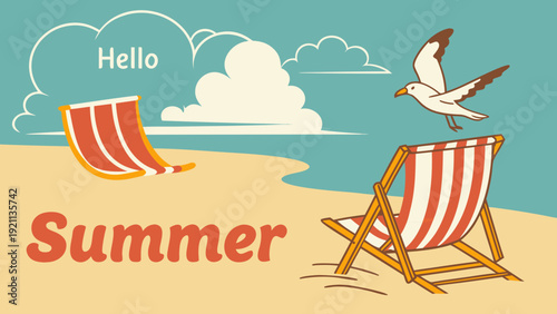 hello summer retro beach scene with striped deck chairs seagull ocean and cloudy sky flat vector illustration in vintage style for travel promotion seasonal greeting and lifestyle branding
