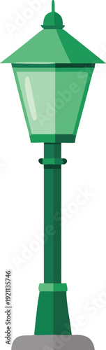 A vibrant green cartoon street lamp stands isolated on a plain white