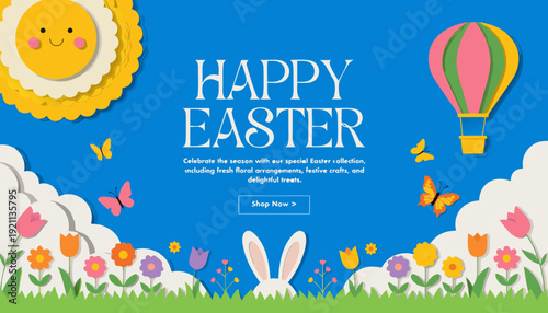 happy easter festive greeting banner with bunny ears flowers hot air balloon butterflies and smiling sun flat paper cut vector illustration on royal blue background for spring holiday promotion