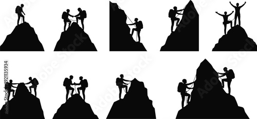 Set of mountain climber silhouettes featuring athletes scaling peaks, rappelling, and celebrating at the summit for adventure and outdoor sports design.