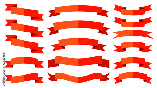 bold flat design collection of eighteen decorative red ribbon banner elements in various folded curved and scrolled styles on white background for awards labels certificates and promotional graphic de