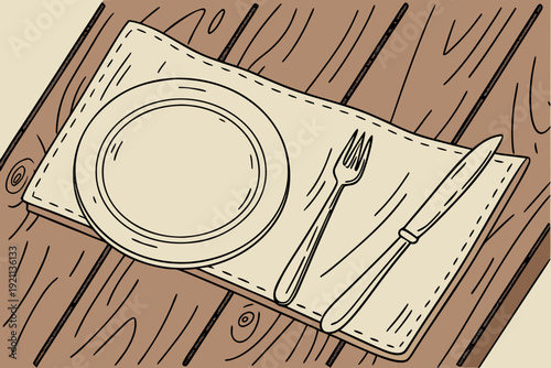hand-drawn vintage sketch illustration of empty dinner plate fork and knife on cloth napkin over rustic wooden table representing elegant restaurant place setting and fine dining concept