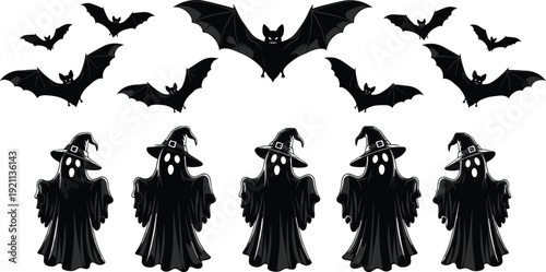 Set of spooky Halloween silhouettes featuring hooded ghosts wearing witch hats and various flying bats for horror holiday design projects.