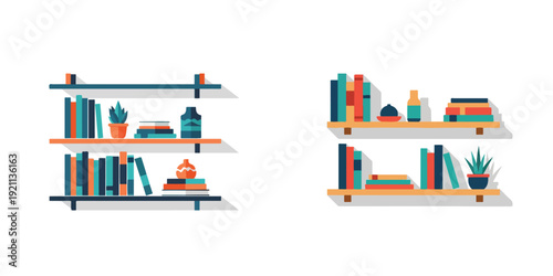 A minimalist flat vector illustration of two modern wall shelves with colorful books, a potted plant, stacked books, a small vase, and a framed abstract artwork, soft pastel tones