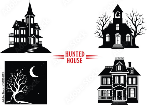 Spooky Haunted House Silhouettes Set with Victorian Mystery Mansion Ghostly Chapel Creepy Dead Trees and Crescent Moon for Halloween Design